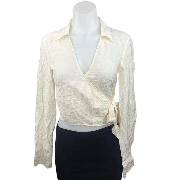 H&M White Collared Deep V Neck Cropped Long Sleeve Wrap Blouse Top Size XS - Picture 1 of 4